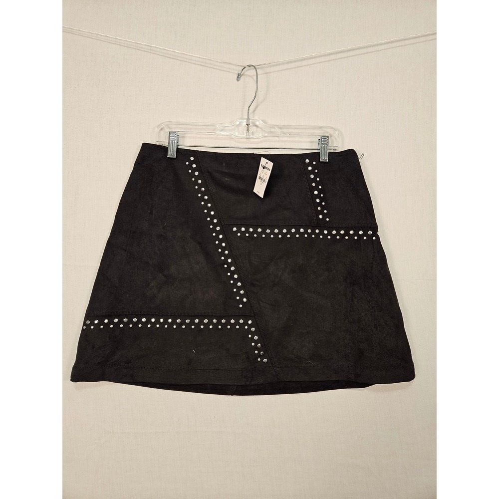 Express Black Faux Suede Studded Mini Skirt Size 12 Silver Studs A-Line NWT